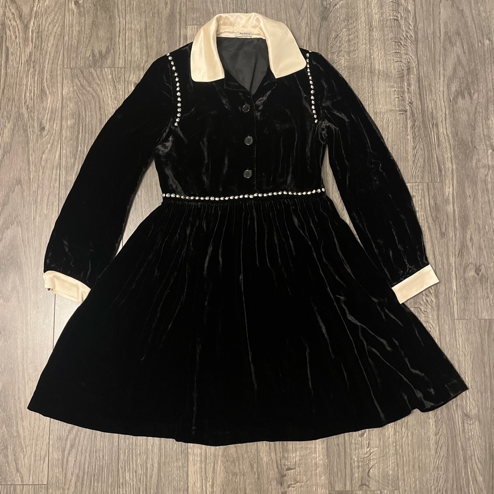 Miu Miu black velvet dress Pearl-Trim Dress with Ivory Collar image 6